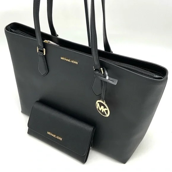 Michael Kors Bag Large Sheila Mf Tote Bag & Large Trifold Wallet Black/Gold - Picture 11 of 14